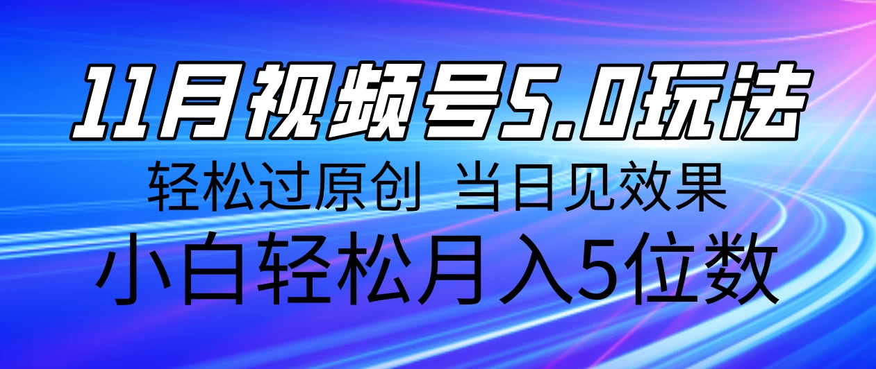 11月最新视频号5.0玩法，轻松过原创，当日见效果，小白轻松月入5位数